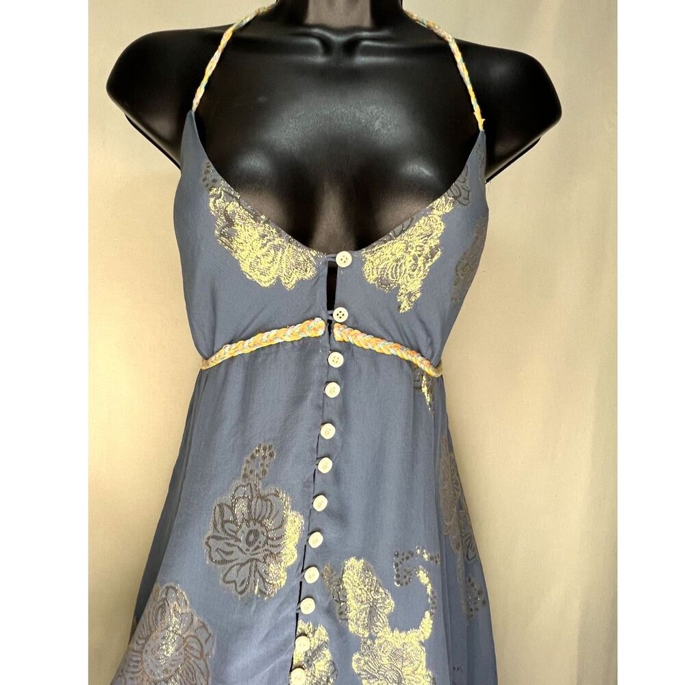 Elizabeth and James Blue Metallic Floral Silk Halter Dress M Boho Slip Midi Y2K - Picture 6 of 7